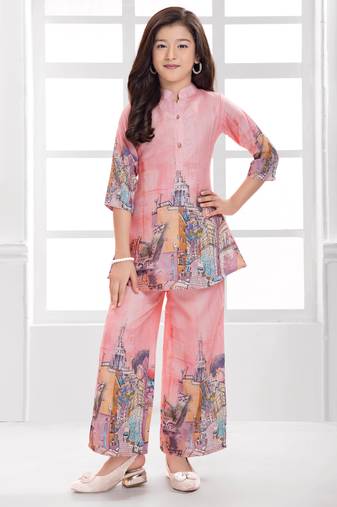 Cotton silk woven graphic print cotton silk kurta and palazzo-peach