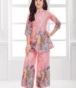 Cotton silk woven graphic print cotton silk kurta and palazzo-peach