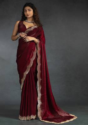 Maroon sequin embroidered fendy two tone satin silk blend saree sari 1