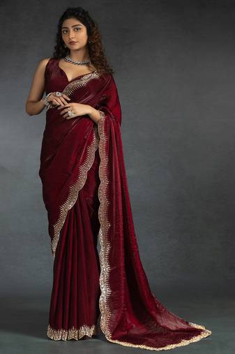 Maroon sequin embroidered fendy two tone satin silk blend saree sari