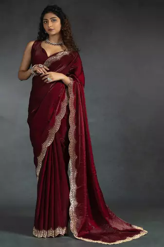 Maroon sequin embroidered fendy two tone satin silk blend saree sari