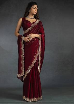 Maroon sequin embroidered fendy two tone satin silk blend saree sari 2