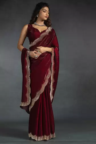Maroon sequin embroidered fendy two tone satin silk blend saree sari