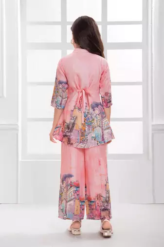 Cotton silk woven graphic print cotton silk kurta and palazzo-peach