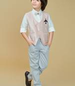 Cotton woven embroidered shirt trouser waistcoat set-babypink