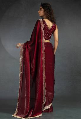 Maroon sequin embroidered fendy two tone satin silk blend saree sari 3