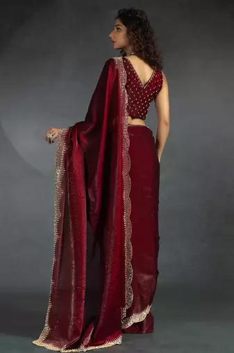 Maroon sequin embroidered fendy two tone satin silk blend saree sari