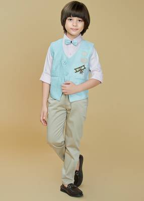 Cotton woven embroidered shirt trouser waistcoat set-skyblue 1