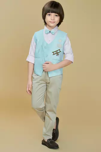 Cotton woven embroidered shirt trouser waistcoat set-skyblue