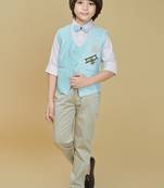 Cotton woven embroidered shirt trouser waistcoat set-skyblue
