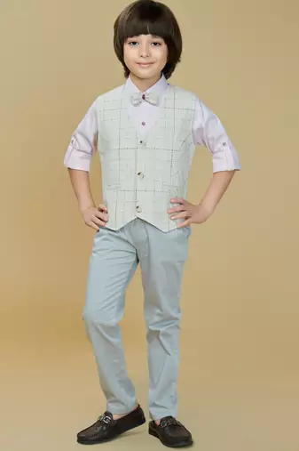Cotton woven checks shirt trouser waistcoat set-offwhite