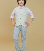 Cotton woven checks shirt trouser waistcoat set-offwhite