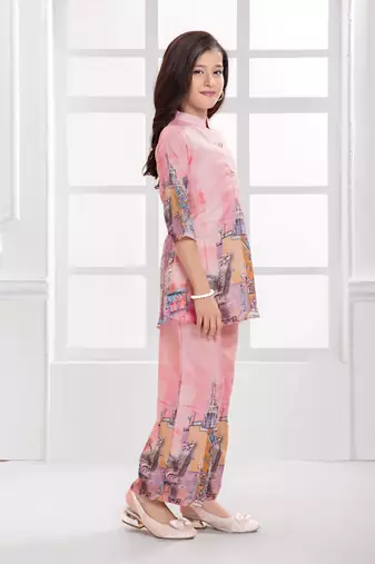 Cotton silk woven graphic print cotton silk kurta and palazzo-peach