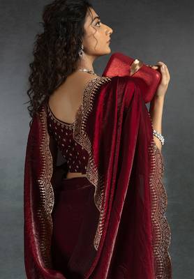 Maroon sequin embroidered fendy two tone satin silk blend saree sari 4