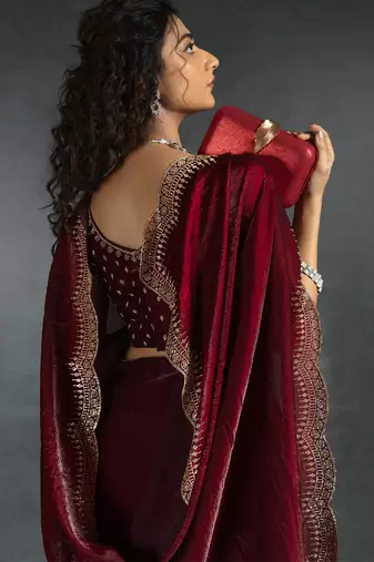 Maroon sequin embroidered fendy two tone satin silk blend saree sari