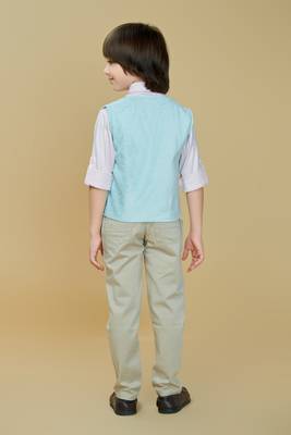 Cotton woven embroidered shirt trouser waistcoat set-skyblue 2