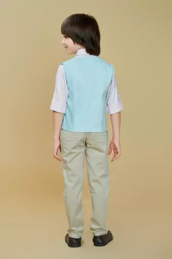 Cotton woven embroidered shirt trouser waistcoat set-skyblue