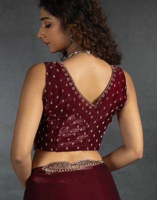 Maroon sequin embroidered fendy two tone satin silk blend saree sari 5