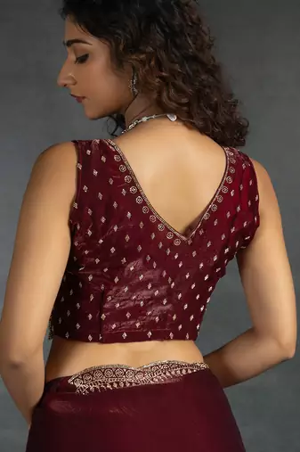Maroon sequin embroidered fendy two tone satin silk blend saree sari