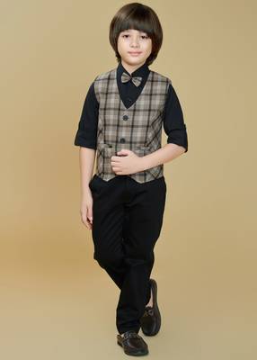 Cotton woven checks shirt trouser waistcoat set-brown 1
