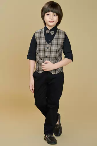 Cotton woven checks shirt trouser waistcoat set-brown