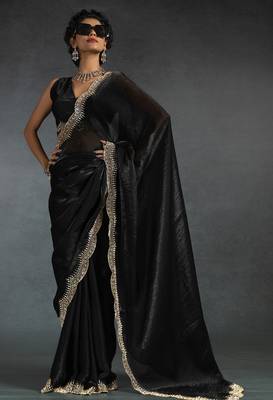 Black sequin embroidered fendy two tone satin silk saree blend sari 1