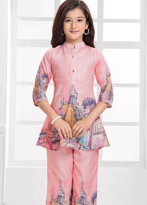 Cotton silk woven graphic print cotton silk kurta and palazzo-peach 4