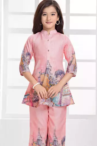 Cotton silk woven graphic print cotton silk kurta and palazzo-peach