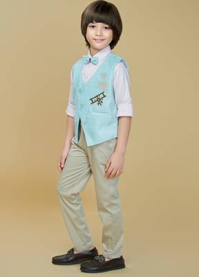 Cotton woven embroidered shirt trouser waistcoat set-skyblue 3