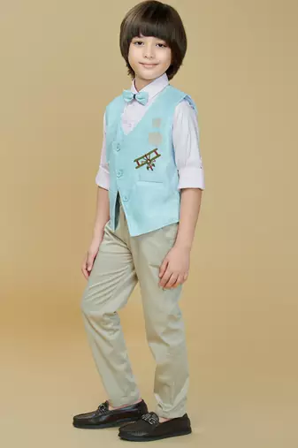 Cotton woven embroidered shirt trouser waistcoat set-skyblue