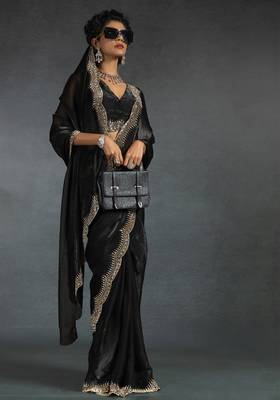 Black sequin embroidered fendy two tone satin silk saree blend sari 2