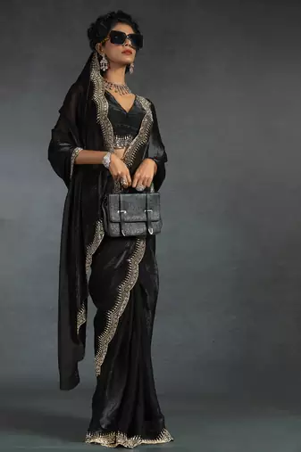 Black sequin embroidered fendy two tone satin silk saree blend sari
