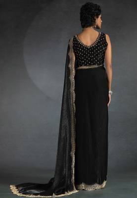 Black sequin embroidered fendy two tone satin silk saree blend sari 3