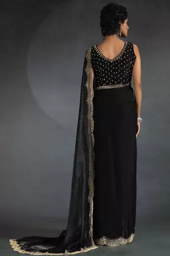 Black sequin embroidered fendy two tone satin silk saree blend sari
