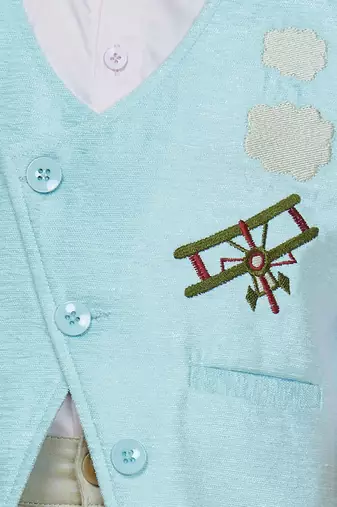 Cotton woven embroidered shirt trouser waistcoat set-skyblue