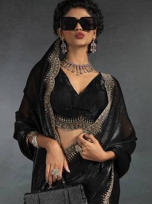 Black sequin embroidered fendy two tone satin silk saree blend sari 4