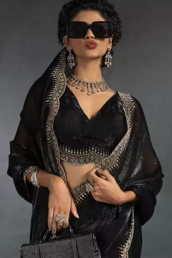 Black sequin embroidered fendy two tone satin silk saree blend sari