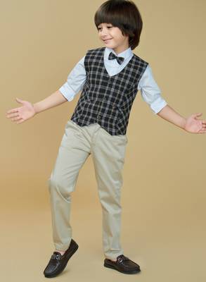 Cotton woven checks shirt trouser waistcoat set-black 1