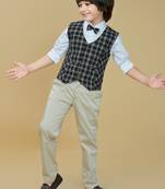 Cotton woven checks shirt trouser waistcoat set-black