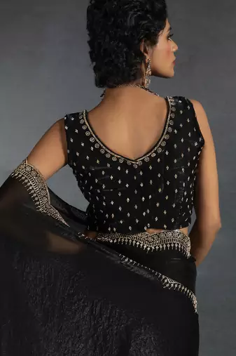Black sequin embroidered fendy two tone satin silk saree blend sari