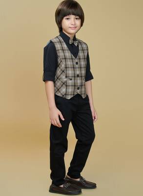 Cotton woven checks shirt trouser waistcoat set-brown 3
