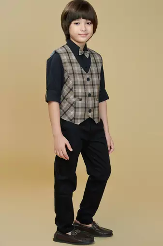 Cotton woven checks shirt trouser waistcoat set-brown