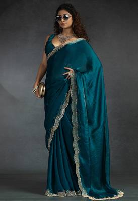 Teal blue sequin embroidered fendy two tone satin silk blend saree sari 1