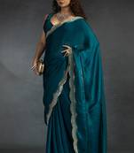 Teal blue sequin embroidered fendy two tone satin silk blend saree sari