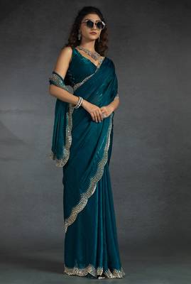 Teal blue sequin embroidered fendy two tone satin silk blend saree sari 2