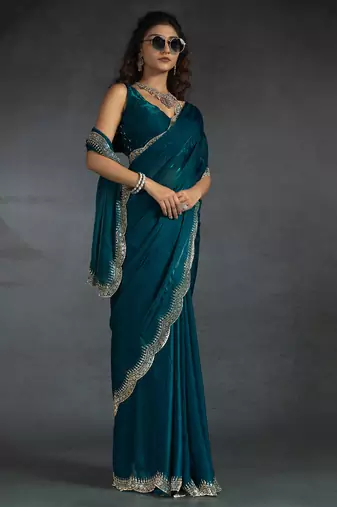 Teal blue sequin embroidered fendy two tone satin silk blend saree sari