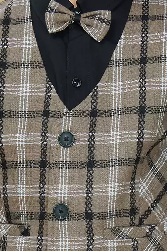 Cotton woven checks shirt trouser waistcoat set-brown