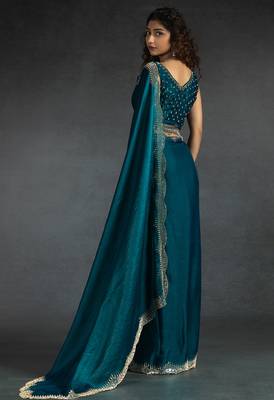 Teal blue sequin embroidered fendy two tone satin silk blend saree sari 3