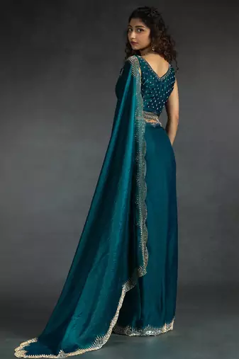 Teal blue sequin embroidered fendy two tone satin silk blend saree sari