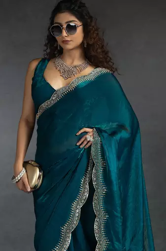 Teal blue sequin embroidered fendy two tone satin silk blend saree sari